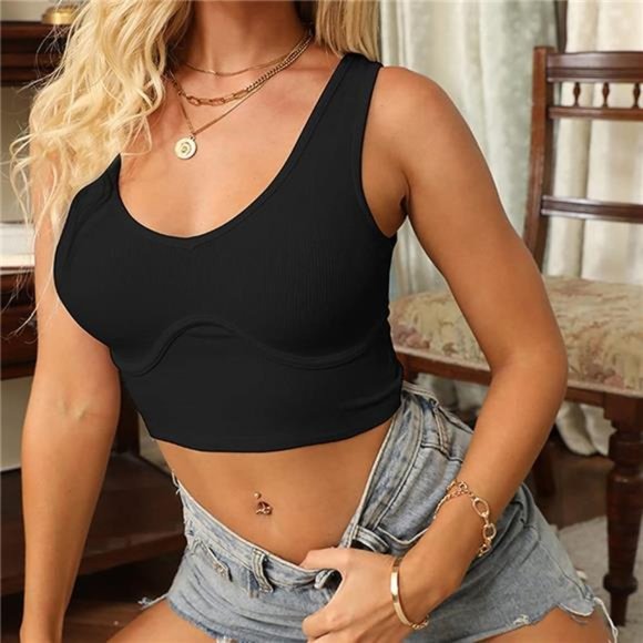 Artfish Sexy Scoop Neck Corset Crop Top Bustier Fitted Ribbed Basic Cropped Tank - Picture 4 of 5